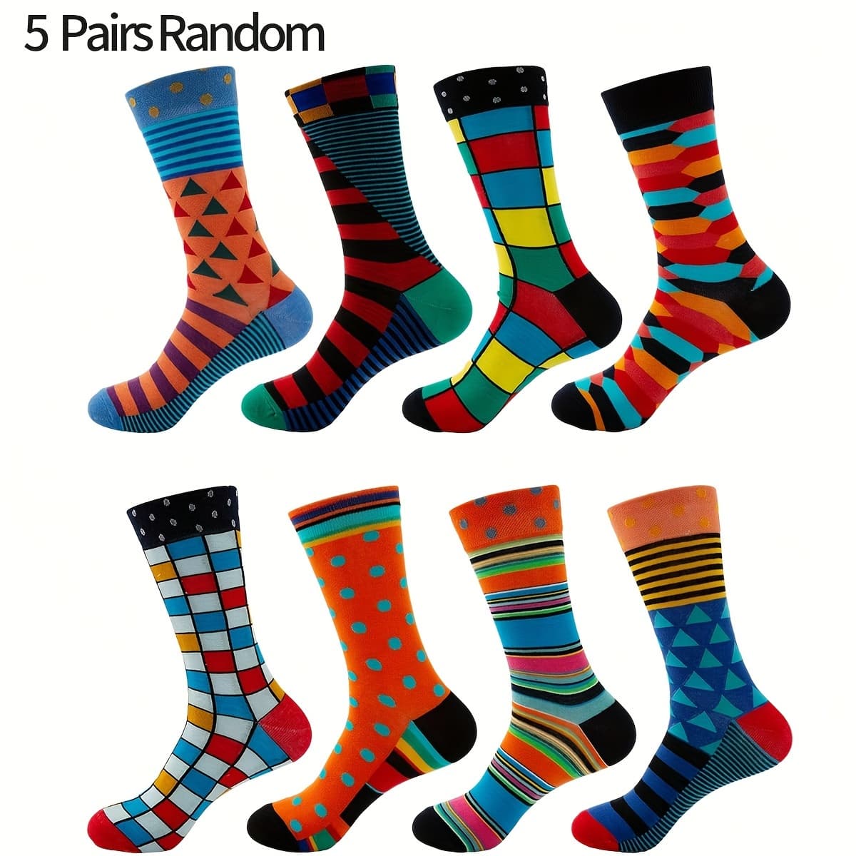 TEMU A Pack Of 5 Pairs Of Men's Mid-calf Socks With Geometric Patterns, Stylish And Suitable For Business, Everyday Use, Colors Are Random.