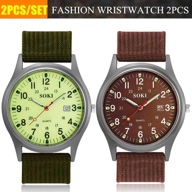 TEMU Set Of 2 Nylon Quartz Watches, Stylish Trendy Men's Outdoor , 2pcs (green + Brown)