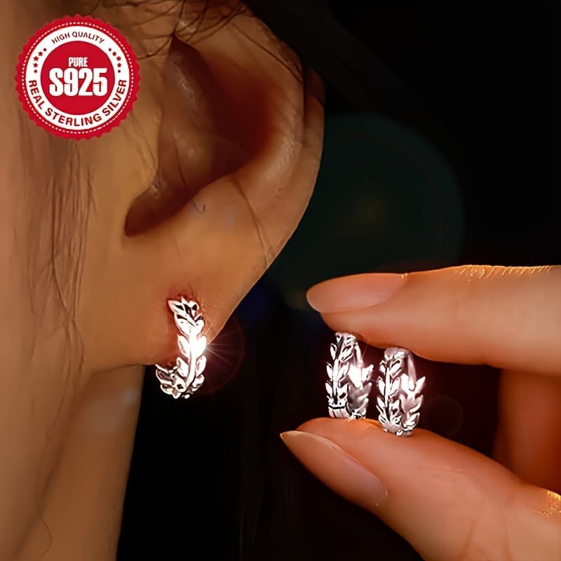 TEMU Of Stylish 925 Sterling Silver Leaf Hoop Earrings For Women - Hypoallergenic, Ideal For Everyday Wear And Gifts, Featuring Autumn/winter