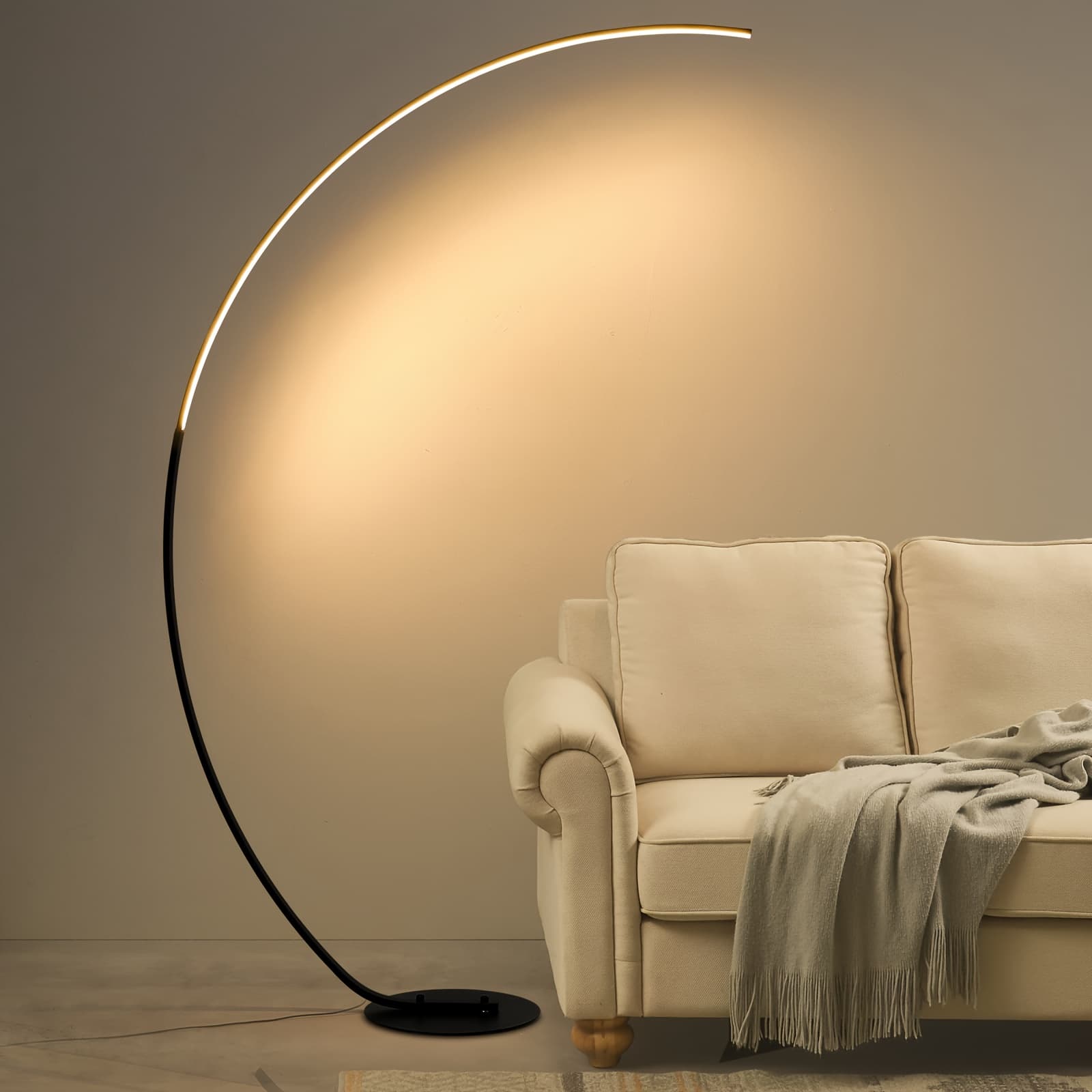 TEMU 65 Inch Arched Floor Lamp With Remote, Modern Floor Lamp With 3 Color Temperatures Dimmable Black Led Color Changing Curved Ambient Lighting For Bedroom And Living Room