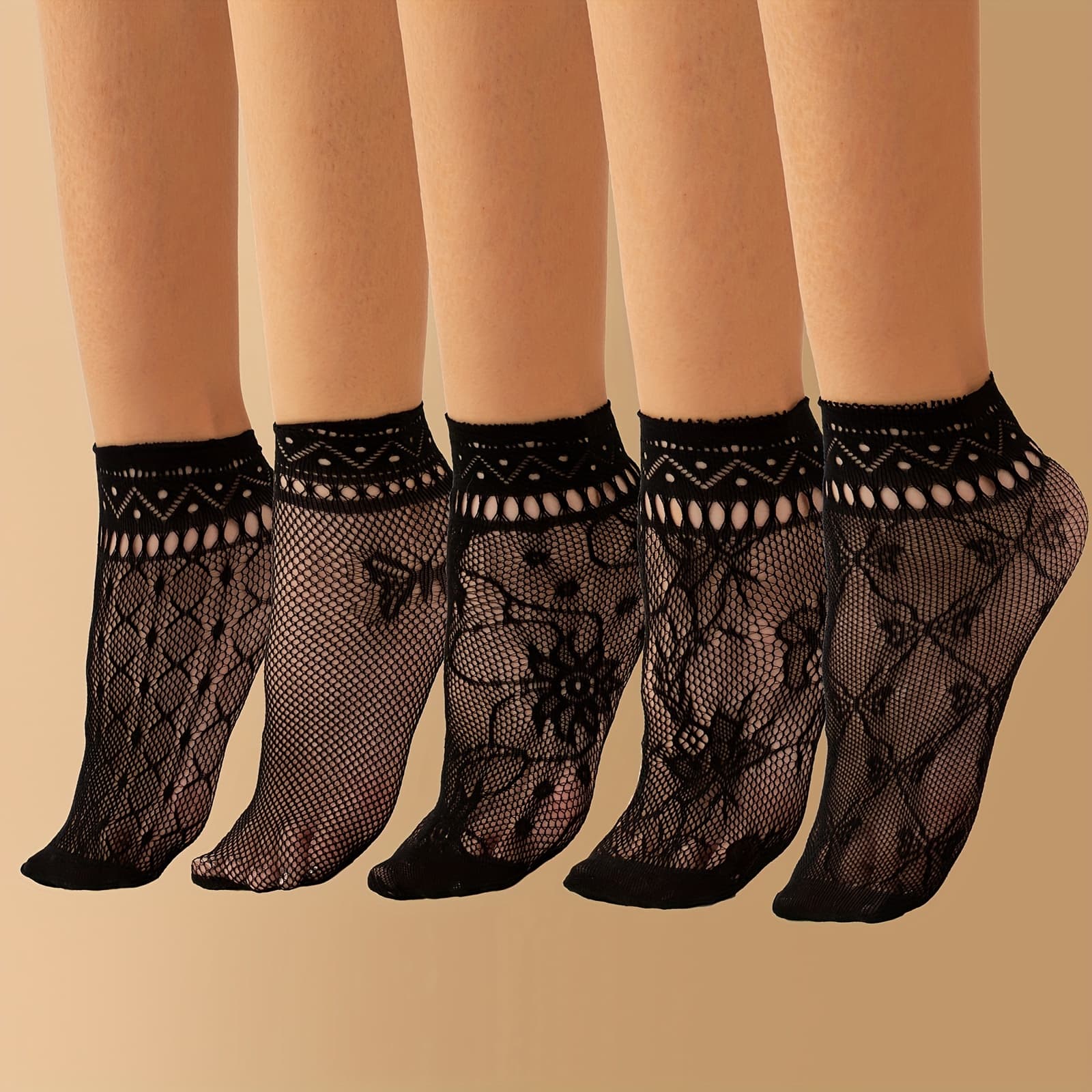 TEMU 5 Pairs Women's Elegant Floral Lace Socks - & Daisy Pattern Breathable Mesh Thin Lightweight For Spring/summer Casual & Formal Wear, Spring Fashion, Sophisticated