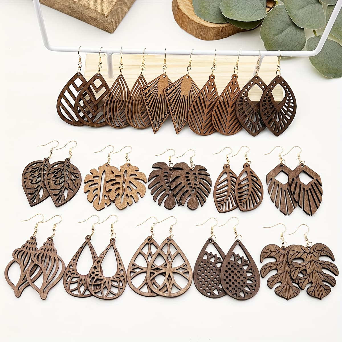 TEMU 15 Pairs Of Retro Creative Bohemian Wooden Earrings, Featuring Classic, Stylish, And Minimalist Hollow Designs, Perfect For Women's Casual And Gifting, With Trendy Geometric Shapes