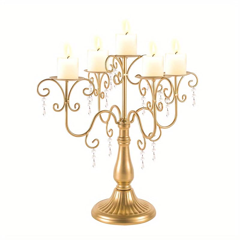 TEMU Crystal Bead Candle Holder, Metal 5 Arm Candle Holder Set, 15.3-inch Dining Table Candle Holder Center Piece, Wedding Reception, Halloween Christmas Decoration