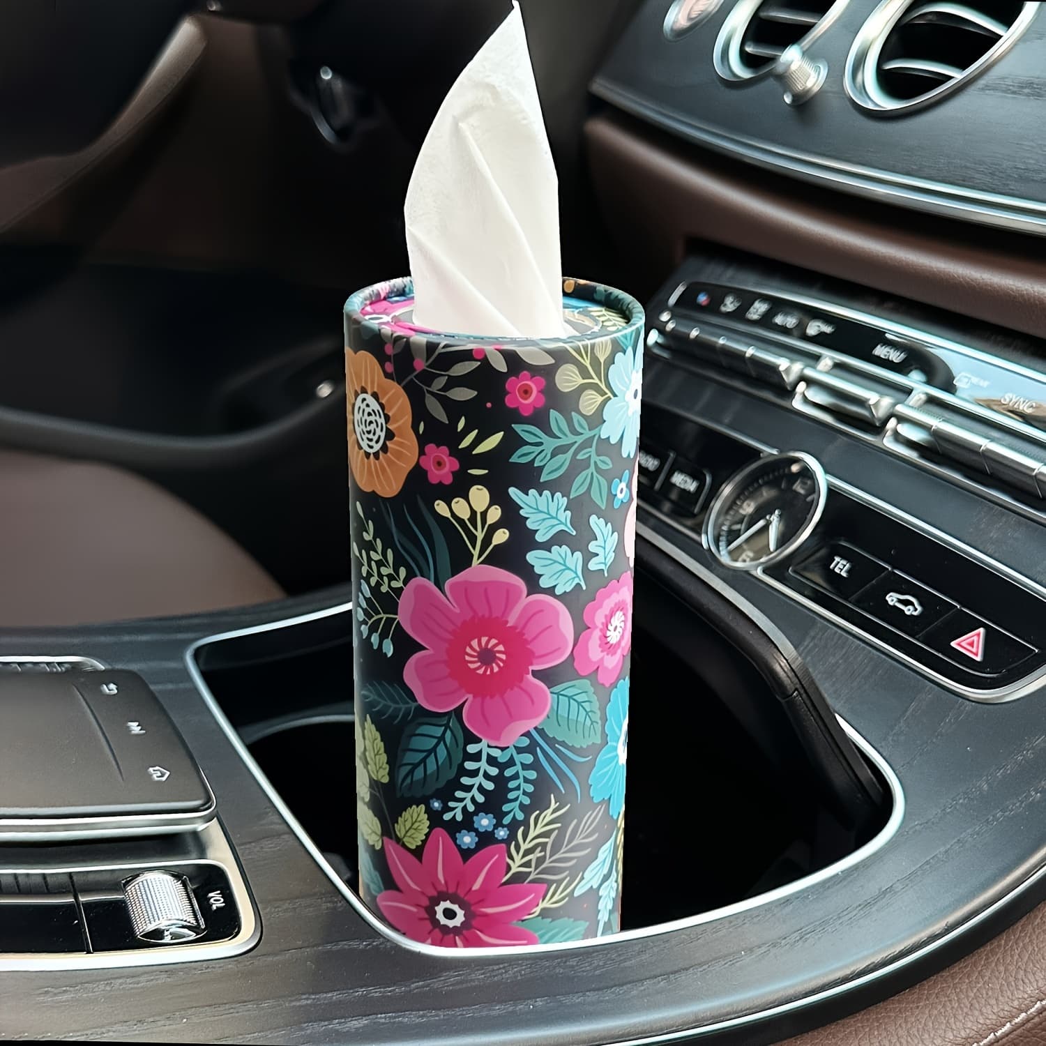 TEMU 1pc Flower Car Box, With Facial - Ladies Travel Tube, For Car Cup Holder, Round Box, For Home Dining Table