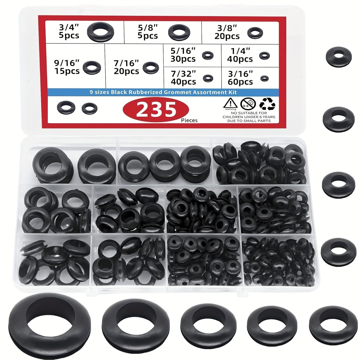 TEMU 235pcs Rubber Grommet Protective Coil Double-sided Black Rubber Hole Plug Fixing Ring For Automotive Wiring (m3-m16)