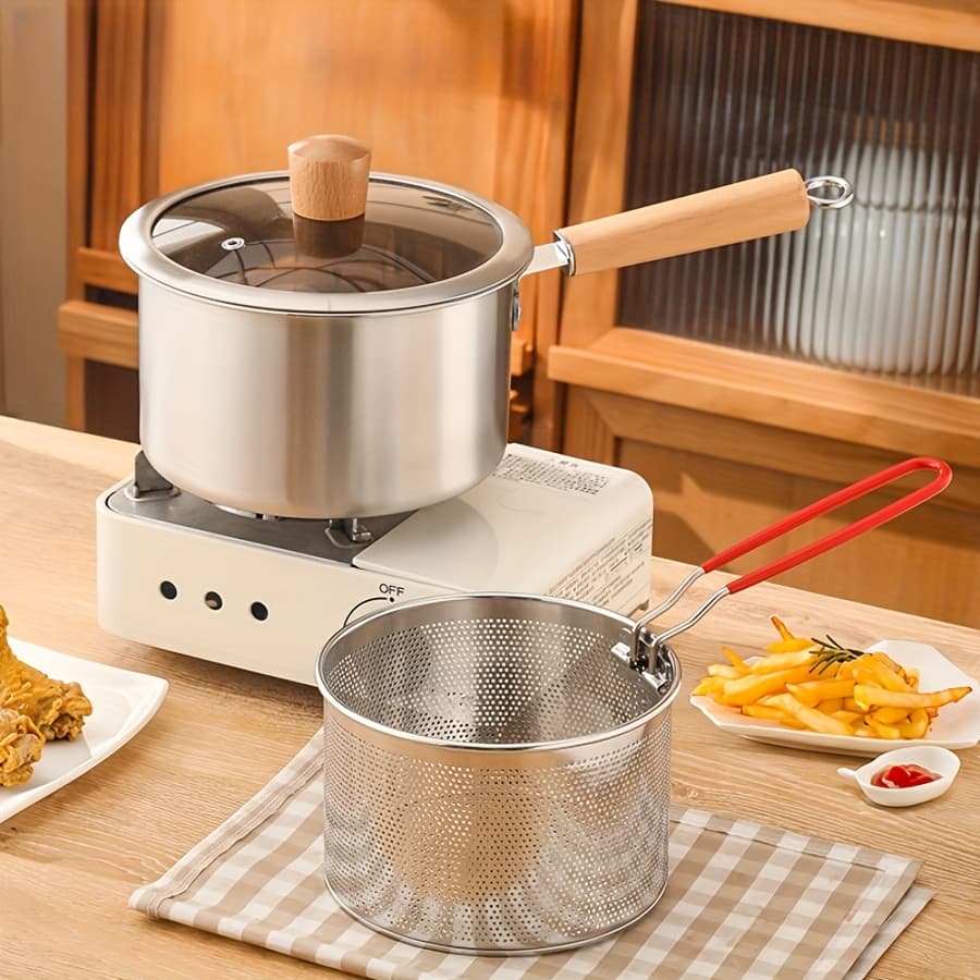 TEMU Versatile Cookware Set Made Of Stainless Steel, Featuring A Frying Basket And A Glass Lid - Includes Options, Deep Fryer, Noodle Pot, Ricotta Pot