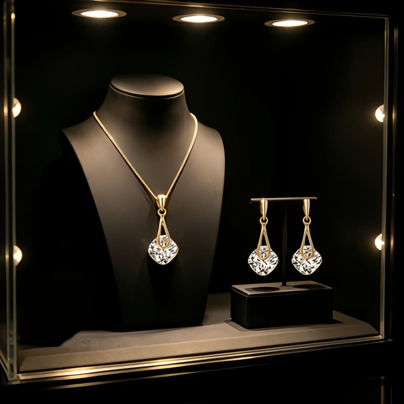TEMU 3pcs Women' Glass-inlaid Jewelry Set, Golden Teardrop Necklace And Drop Earrings, Elegant Wedding, Anniversary, Party Jewelry Gift
