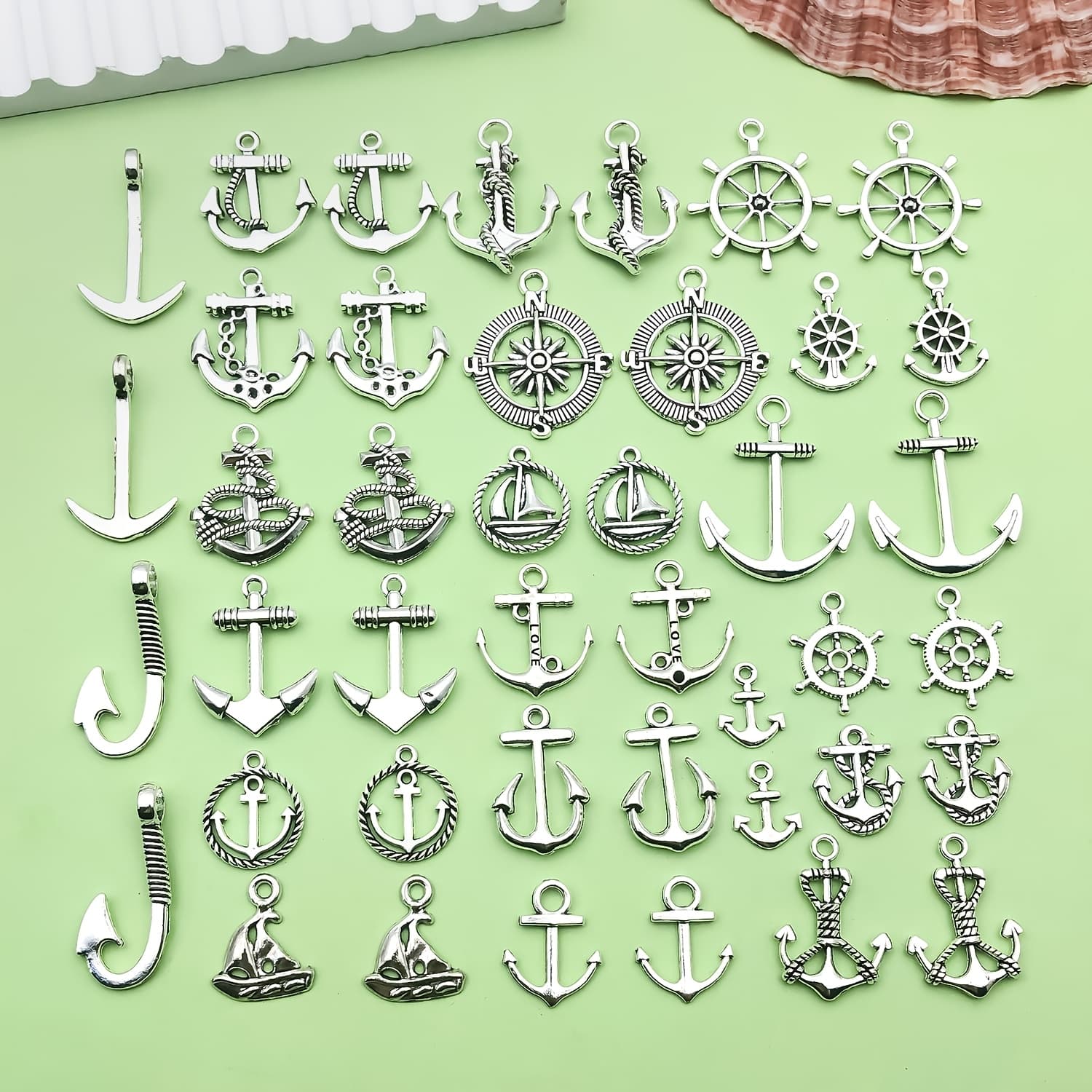TEMU 40pcs Mixed Bulk Antique Silvery Anchor Compass Charm Metal Nautical Ocean Pendant Diy Bracelet Necklace Earrings Keychain Jewelry Making Craft Accessories