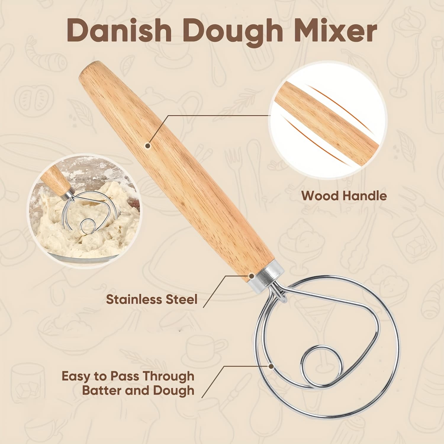 TEMU 10" Stainless Steel Dutch Bread Dough Whisk With Wooden Handle, A Danish Dough Whisk And Dough Scraper, Perfect For Mixing Sourdough, Pizza, Pastry, And Cake