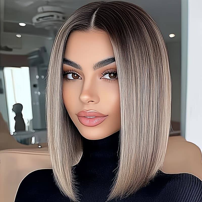TEMU Short Natural Straight , With Dark Root, Synthetic Fiber Wig, , Very Natural, Look, , . , , Celebrations, Ceremonies, , 14inches