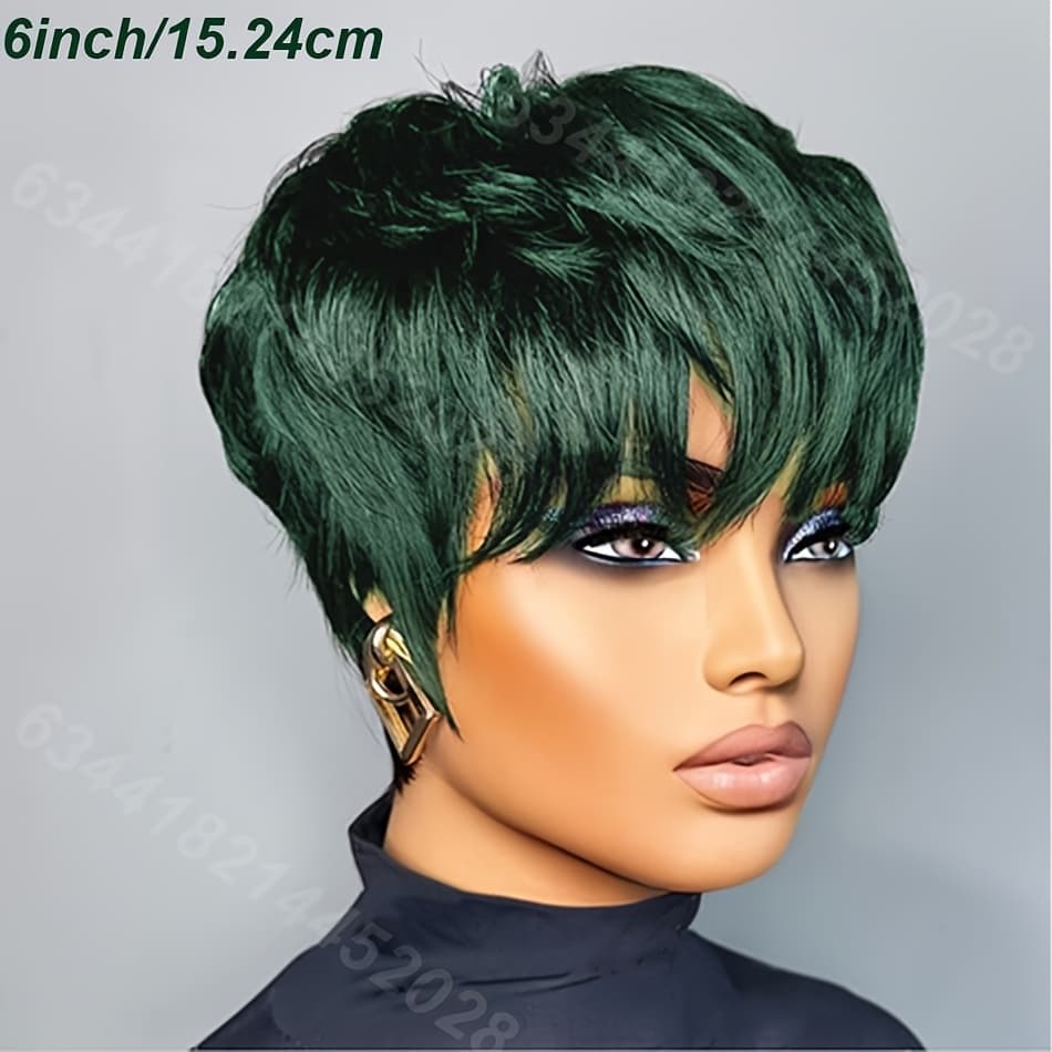 TEMU Cut Wig With Bangs - 6" Straight Human Hair, Glueless For Women, Perfect For 's Day & Cosplay Parties, 150% Density, ,