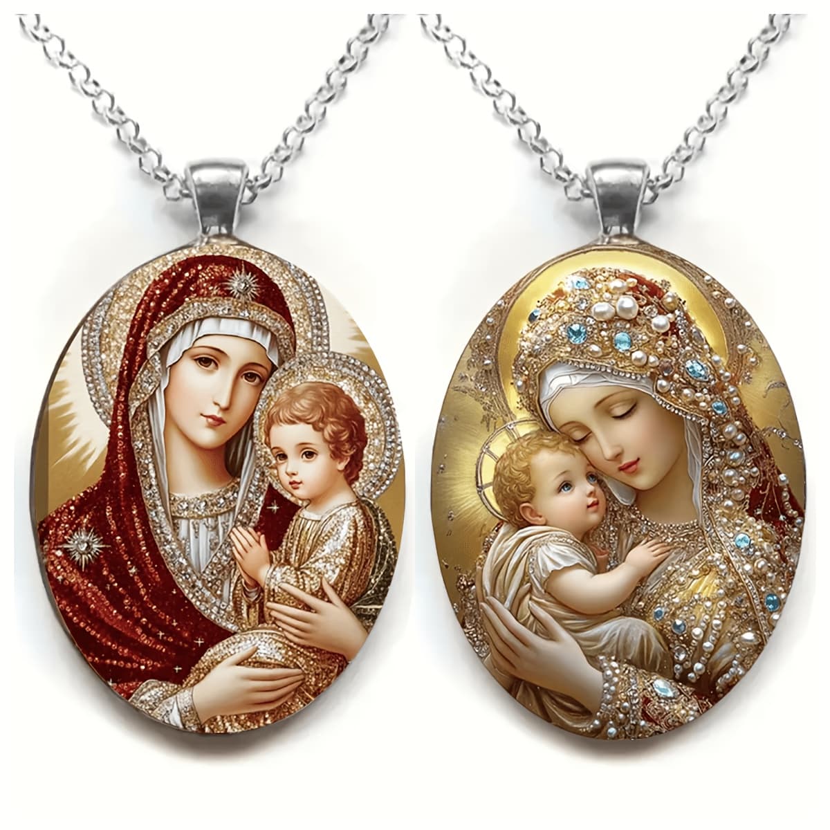 TEMU 2pcs Elegant Oval Glass Pendant Necklace - Vintage Religious Jewelry Gift, With White Plated K-chain Exquisite Glass And Alloy Frame, Mother Plot, Easter, Thanksgiving