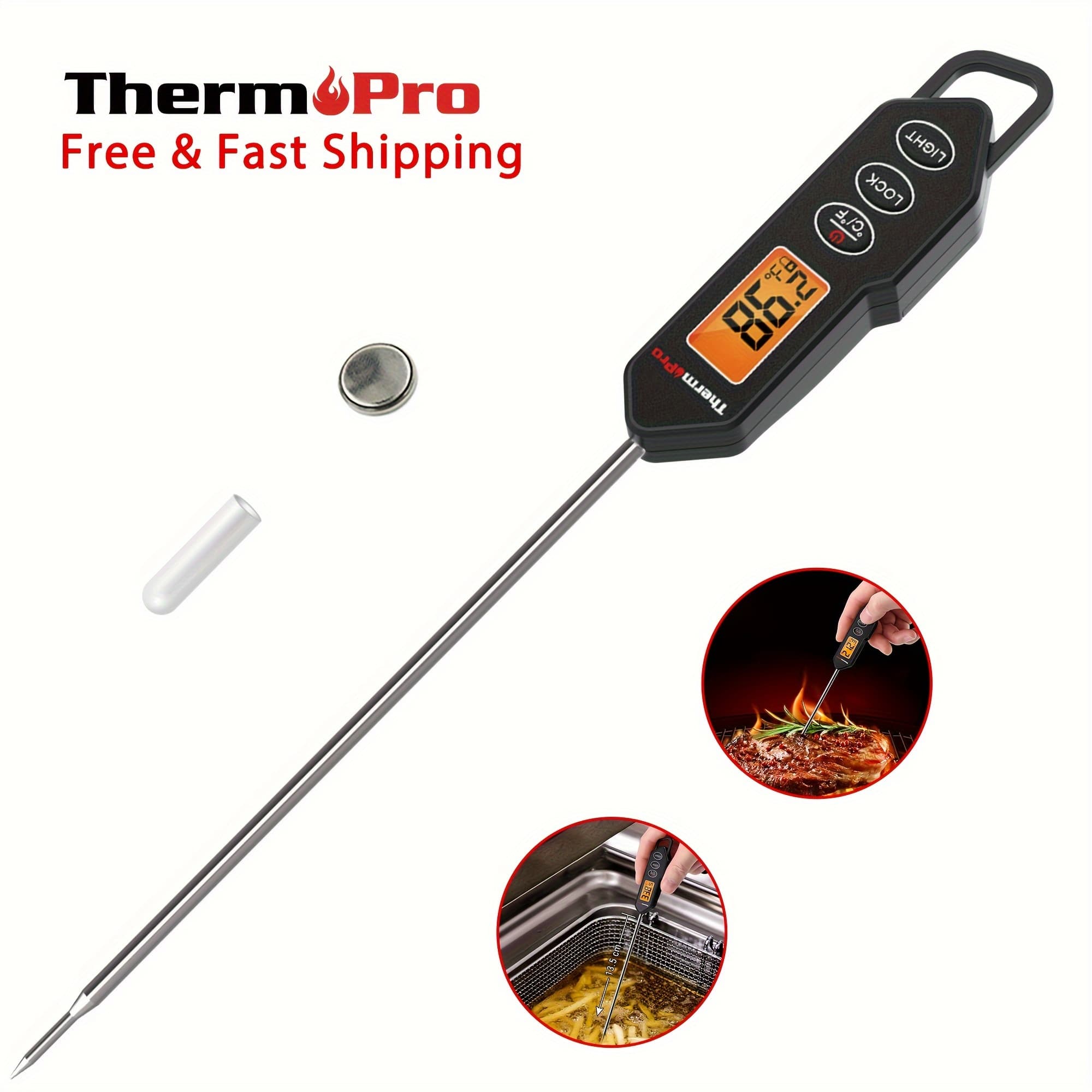 TEMU Thermopro Tp01h Digital Meat Thermometer For Cooking Candle Liquid Deep Frying Oil Candy, Kitchen Food Instant Read Thermometer With Super Long Probe, Backlit, Lock Function