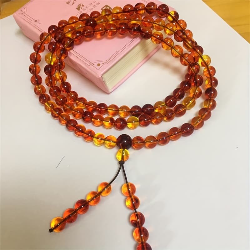 TEMU Natural Amber Multi-strand Bracelet, 108-bead Round Necklace Sweater Chain, Vein Amber Tassel Pendant Bracelet, Gift