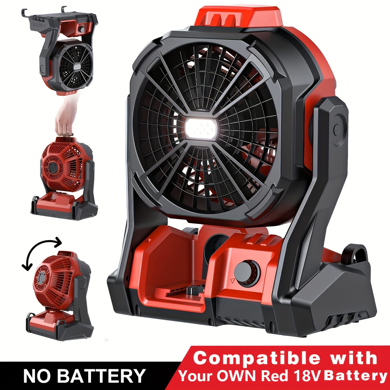TEMU Cordless Camping Fan With Led Lights, For Red 18v Battery, Adjustable Speed, Hanging Hook, Portable For , Outdoor, Workbench, Ac Corded Option, Red Color, Tool Only