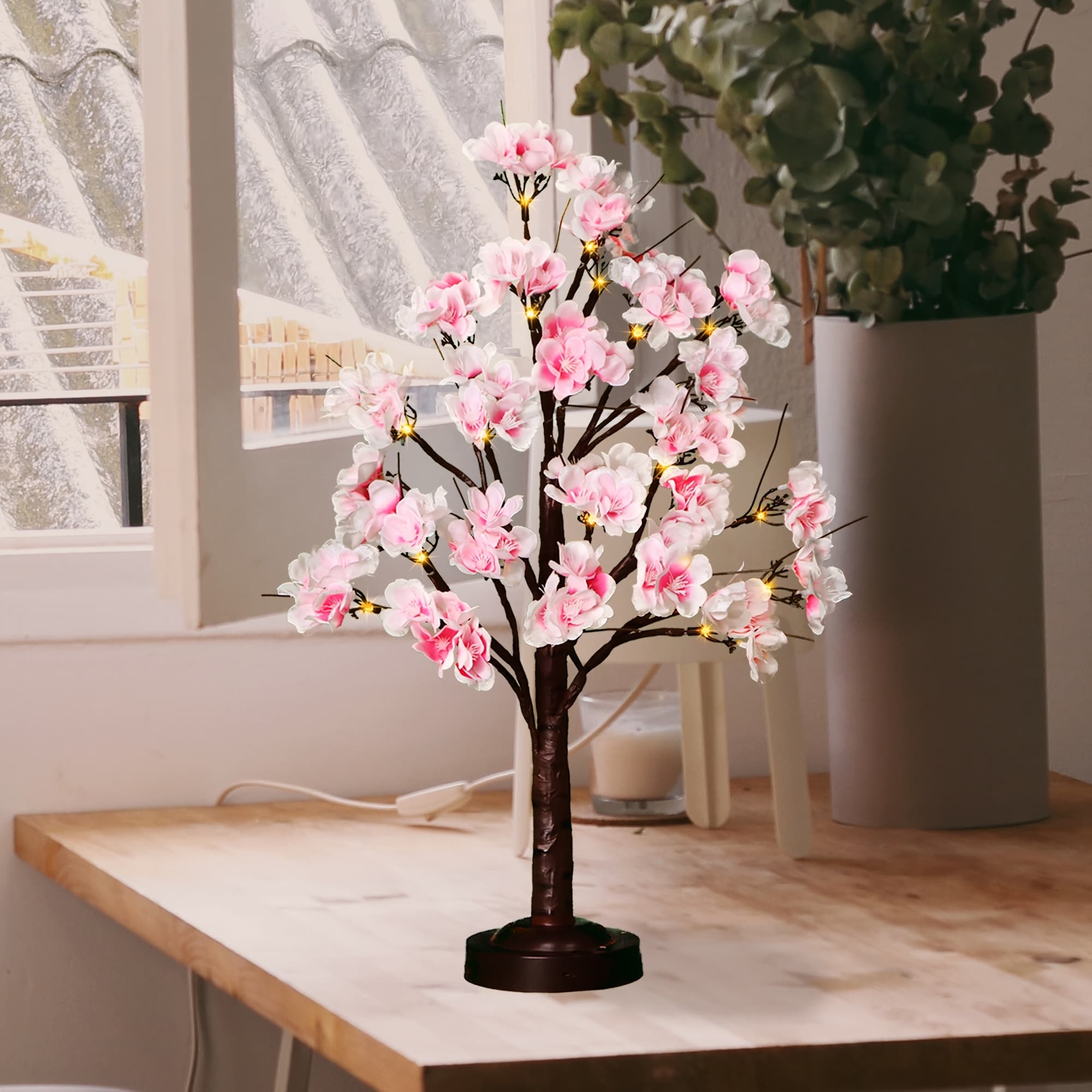 TEMU 17.7 Inch 24 Led Tabletop Cherry Tree Light, Lighted Tree Lamp With & 8 Lighting & Timer, Home Office Party Wedding Bedroom Spring Decoration, Battery/usb Operated