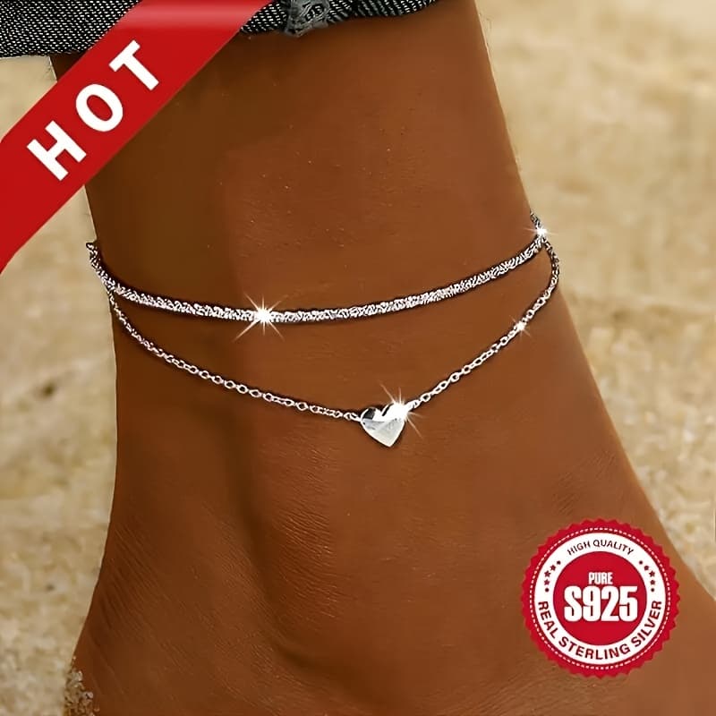 TEMU Elegant Hypoallergenic.925 Sterling Silver Heart Pendant Anklet, A Delicate Bohemian Vacation-style Women's Ankle Bracelet, Is The Gift