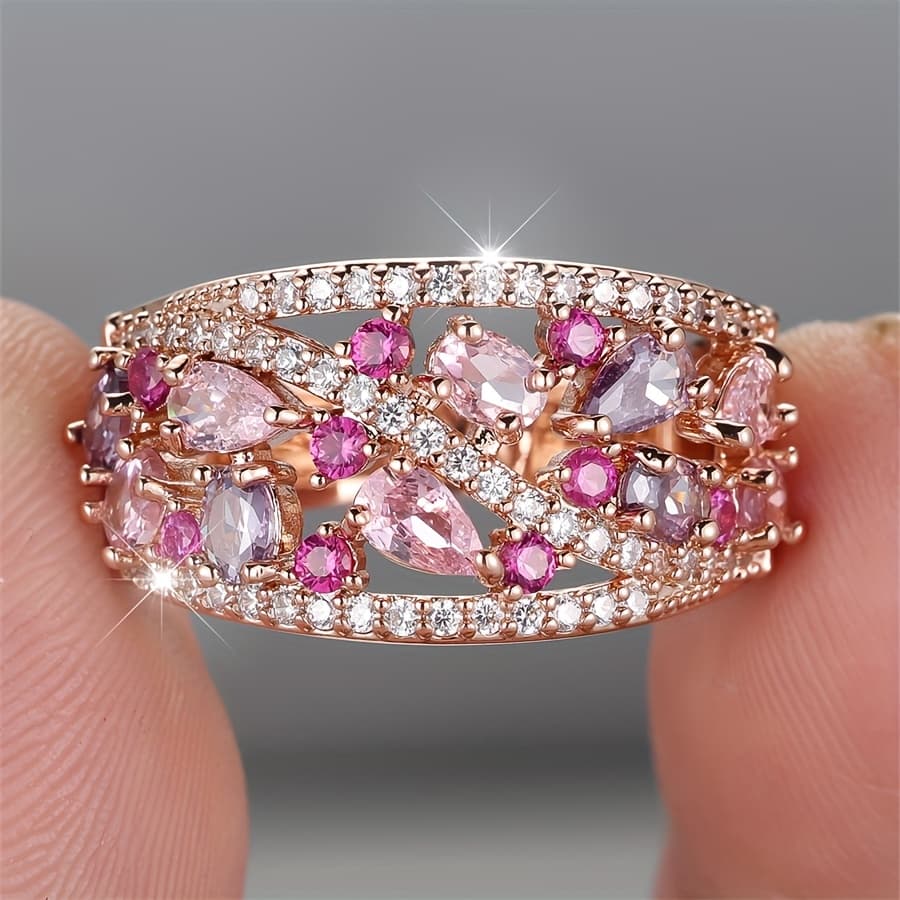 TEMU A Luxurious Rose Golden Plated Ring Featuring Sparkling Multi-colored Synthetic Zirconia, Perfect For Weddings, Engagements, Parties, Or Everyday Wear. An Ideal Gift For Her This Valentine's Day