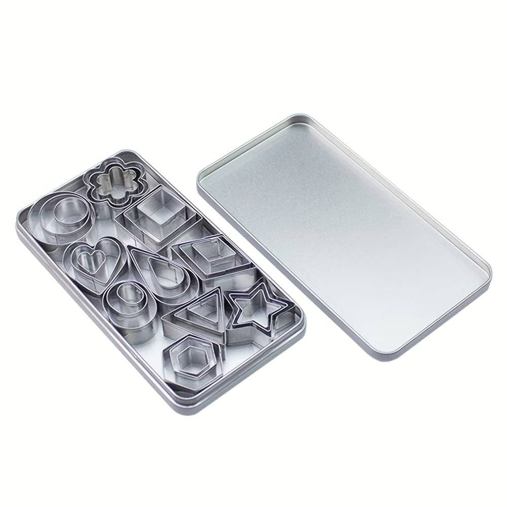 TEMU 30pcs Mini Stainless Steel Cookie Cutters Set - Star, Heart, Circle, Oval, Square, Rhombus, Teardrop, , & Flower Shapes - Baking Tools For Diy And Pastries In Tin Box