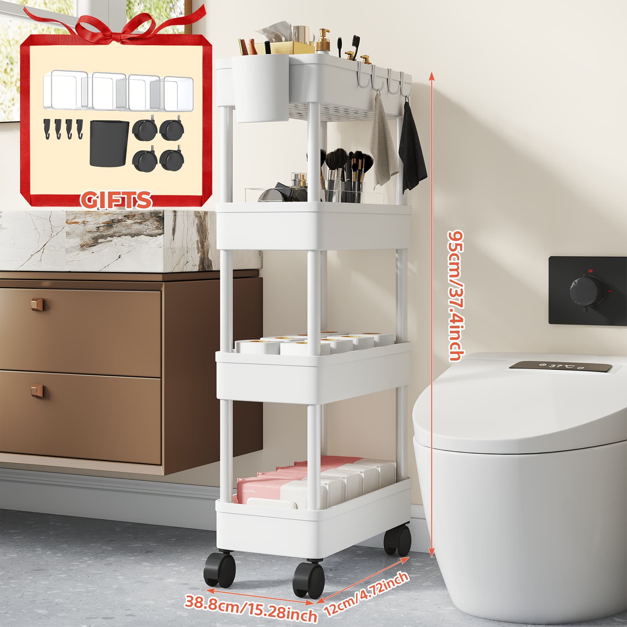 TEMU Bathroom Slim Shelves Rolling Cart With Casters, 2/3/4-tier Mobile Shelving Unit Slide Out For Toiletries, Space-saving Narrow Utility Trolley For Bathroom, Office, Kitchen, Laundry Room, Shelves