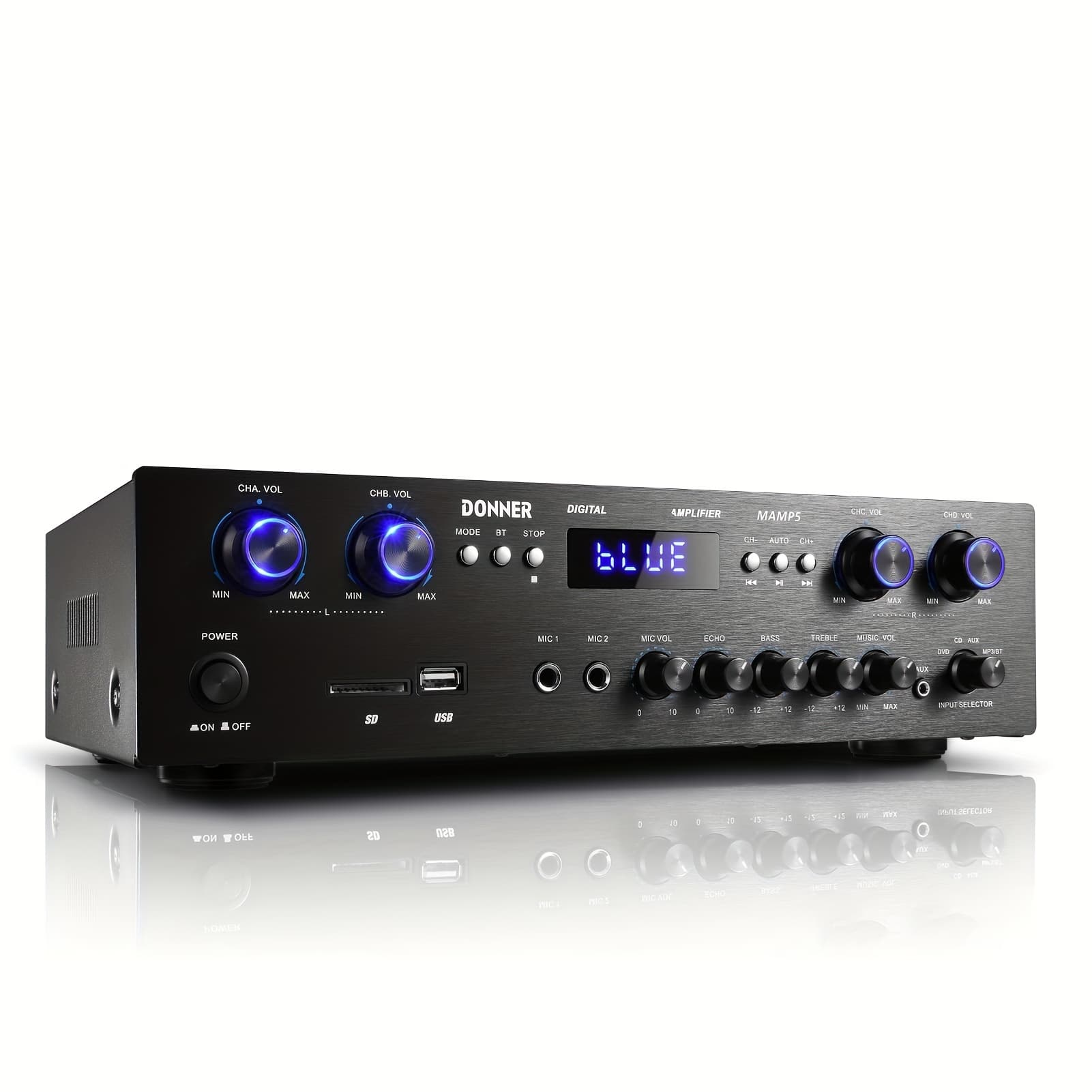 TEMU Donner 5.0 Stereo Audio Amplifier Receiver, 4 Channel Home Speaker With Accessories Usb, Sd, Fm, 2 Mic In Echo, Rca, Led, Speaker For System