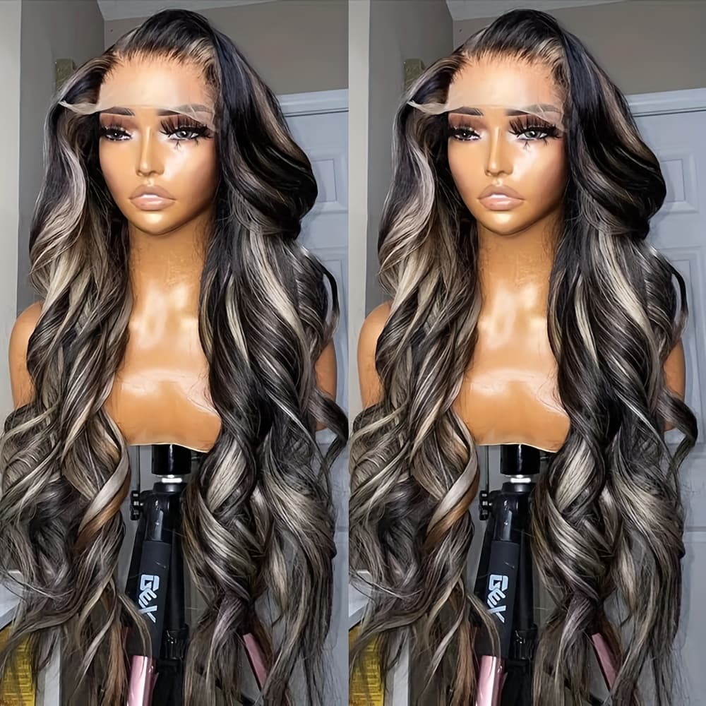 TEMU Blonde Highlight Lace Front Wigs For Women 13*4 Inch Part Space Ombre Long Wavy Synthetic Heat Resistant Fiber Loose Body Wave Preplucked Hairline Glueless Lace Wig For Daily Party Use