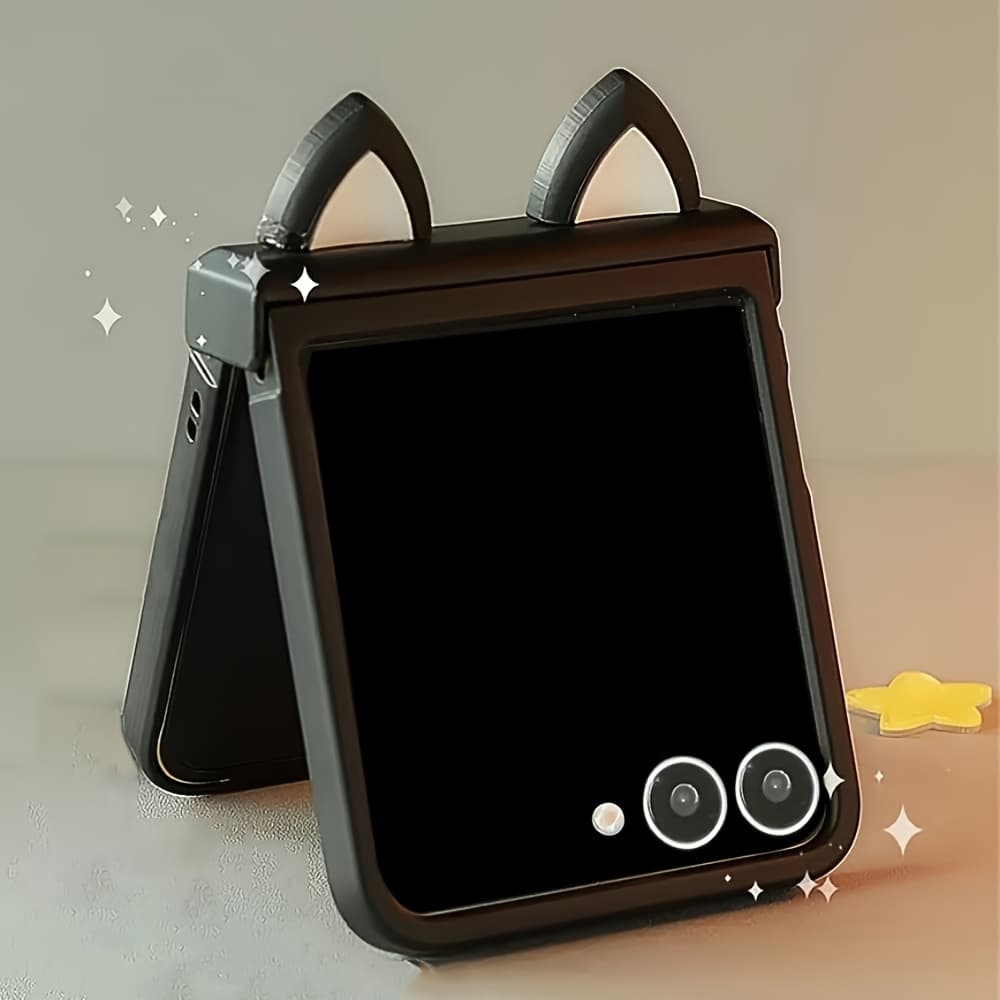 TEMU Phone Case: 3d Cat Ear Black Phone Case For For Galaxy Z Z Flip 6 5 Z Flip4 3 5g Shockproof Cover Hinge Protective Shell
