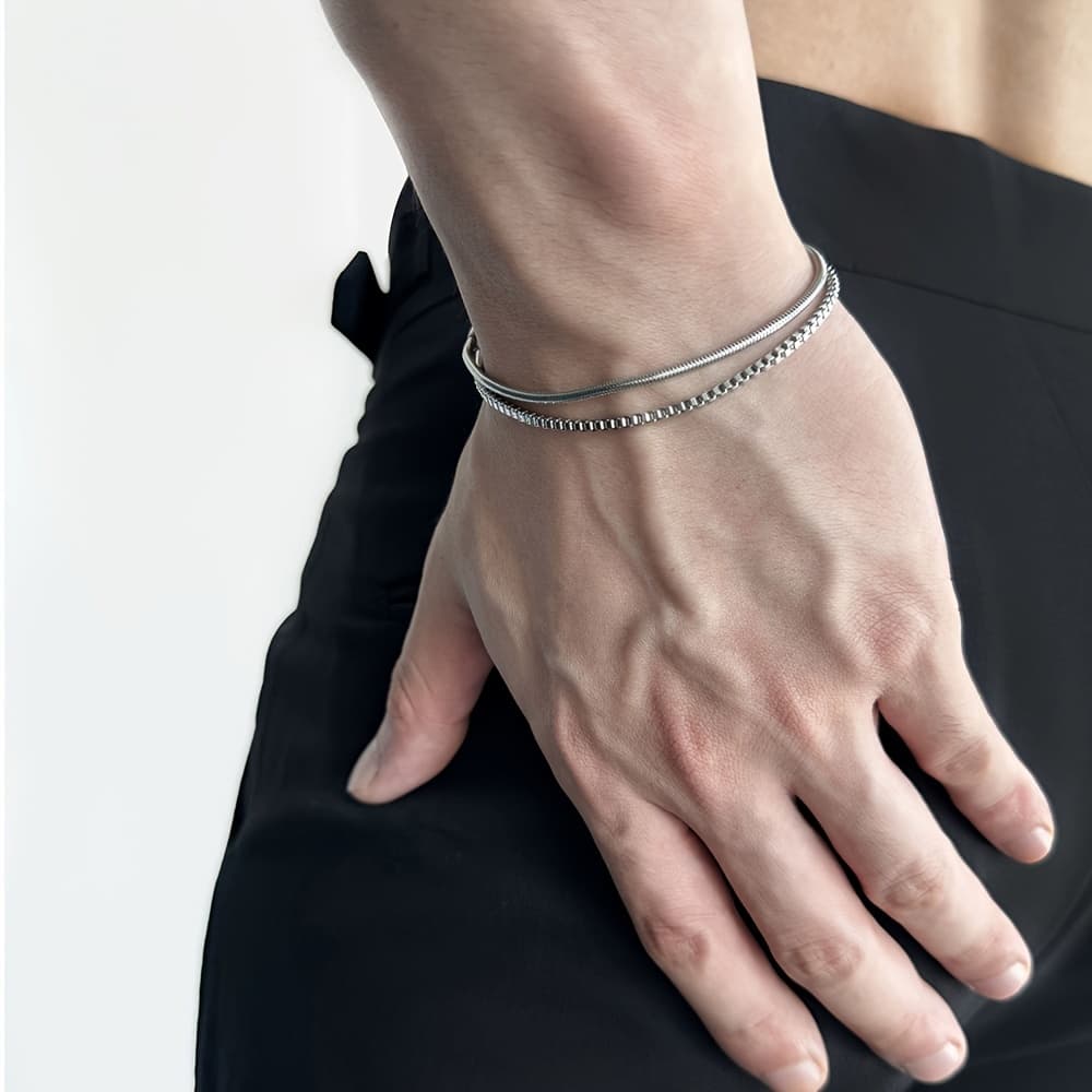 TEMU Fashionable Men's 304 304 Stainless Steel Double-layer Round Snake Chain + Box Chain Bracelet, Casual And Easy, Versatile, Suitable For Men' Wear
