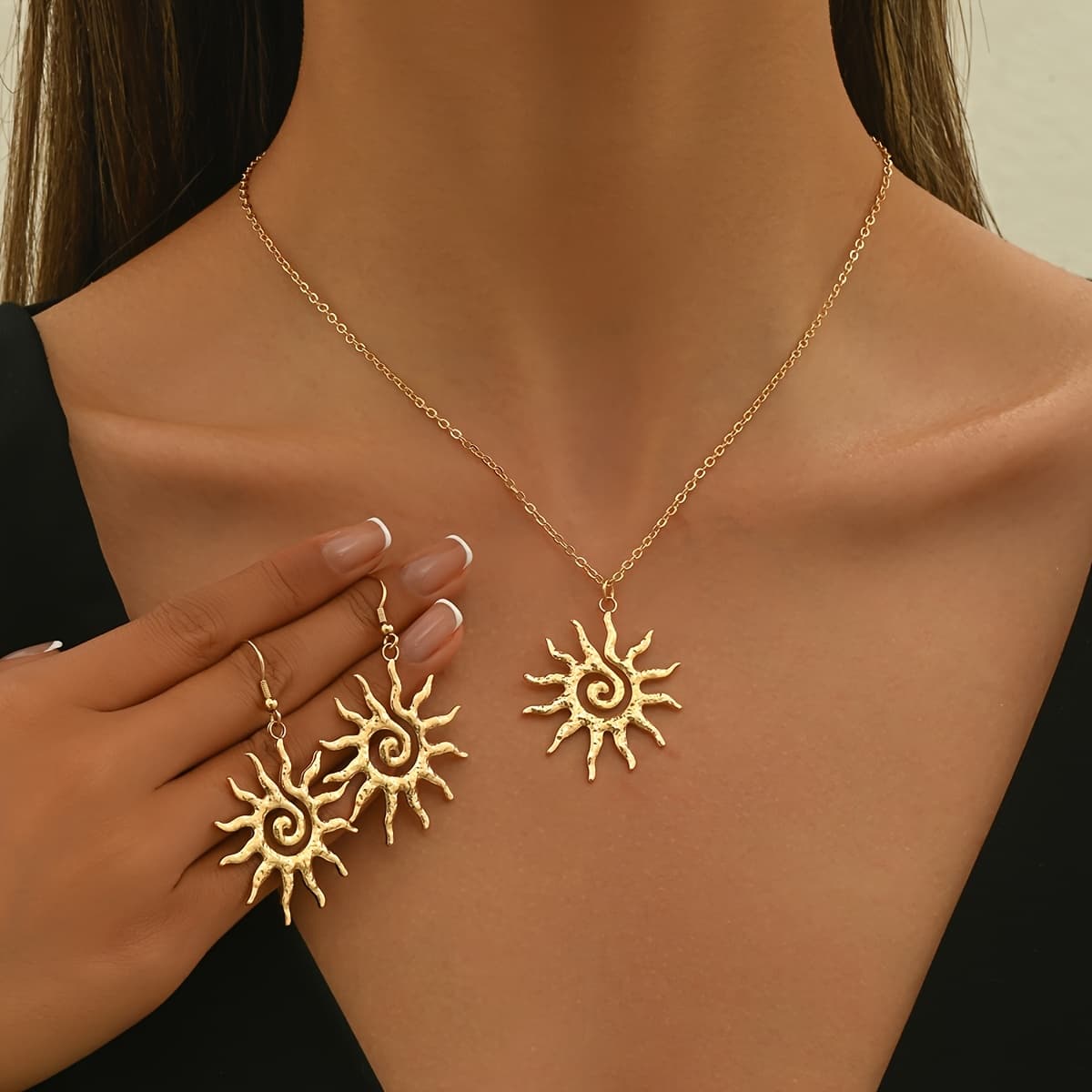 TEMU 3pcs Elegant Sun Pendant Jewelry Set - Vintage & Ethnic Style Stainless Steel Earrings And Necklace Combo For Casual Attire Parties & Gift