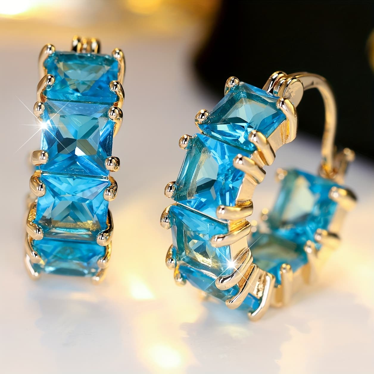 TEMU A Pair Of Stylish And Luxurious Square Blue Synthetic Zirconia Hoop Earrings For Women