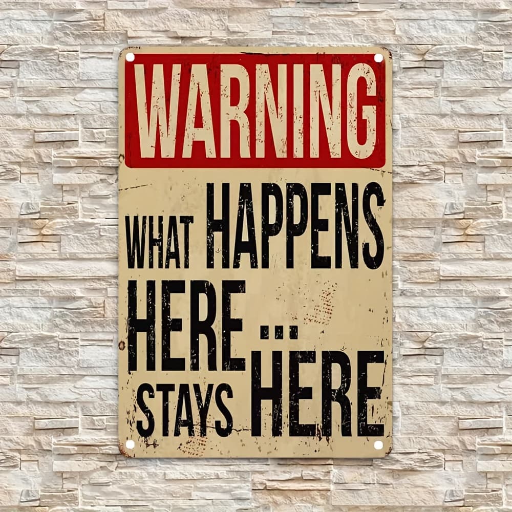 TEMU 2d Flat "what Here Stays Here" Vintage Metal Tin Sign, 8*12 Inches, Iron Wall Art For Home Bar Decor, Retro Warning Plaque, Room Decor