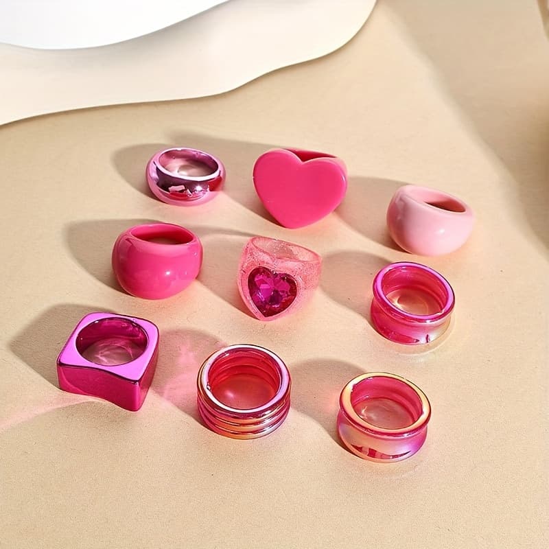 TEMU 9pcs Popular Rose Pink Floral Heart Resin Big Ring Set Combination Individual Women's Fashion Stackable Ring Gift Women Banquet Party Wear (handmade And Color Difference Are Normal)