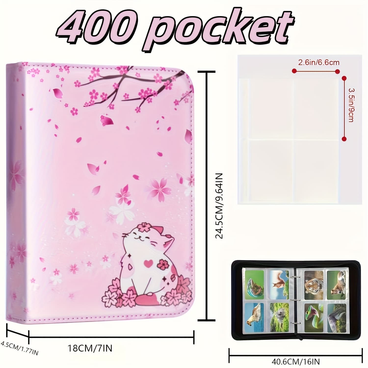 TEMU 400 Pocket Sakura Cat Trading Card Set - 400 Card Capacity, Includes Inserts And 4 Pockets, Suitable For Tcg And Sports Cards, Design, Perfect Gift For Collectors | Lightweight Binder
