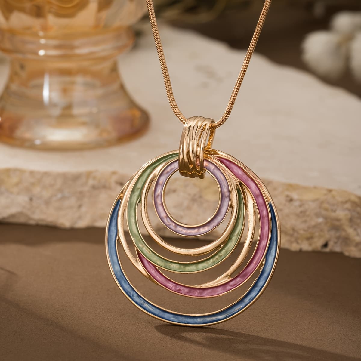 TEMU Women's Plated Bohemian Necklace - Adjustable Alloy Geometric Round Pendant With Hollow Retro, Elegant Jewelry Gift For , Valentine's Day & Daily Wear, Accessories