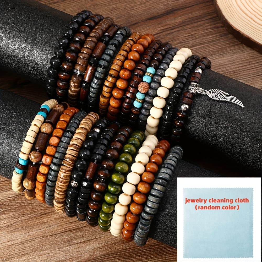 TEMU 25pcs Vintage Style Bohemian Wooden Beaded Stacking Bracelet Set - Fashionable Hand Accessory With Synthetic Turquoise And Beads - Perfect For Women And Men Jewelry Lovers