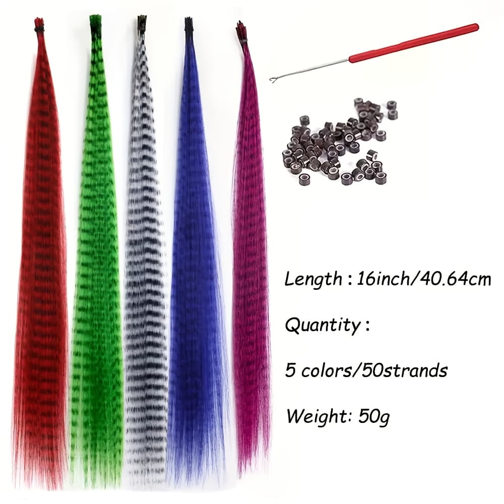 TEMU 50pcs Colored Feather Hair Extensions In 5 Mixed Colors, 16 Inches - Includes 1 Crochet Hook Tool And 50 Hair Extension Rings - Synthetic Hair Extensions - Feather Decorated Hair Extensions
