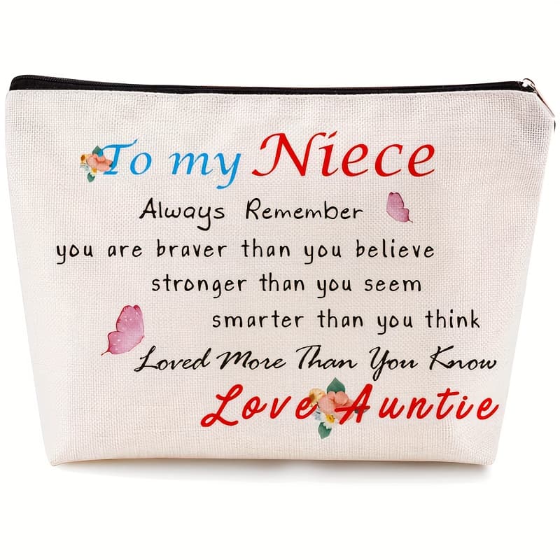 TEMU 1pc Inspirational Aunt Niece Makeup Bag, ", , Be Smarter" Quote, Zipper Toiletry Bag, Graduation Birthday Gift, Women's Cosmetic Bag, Formaldehyde-free, Random Print, Beige
