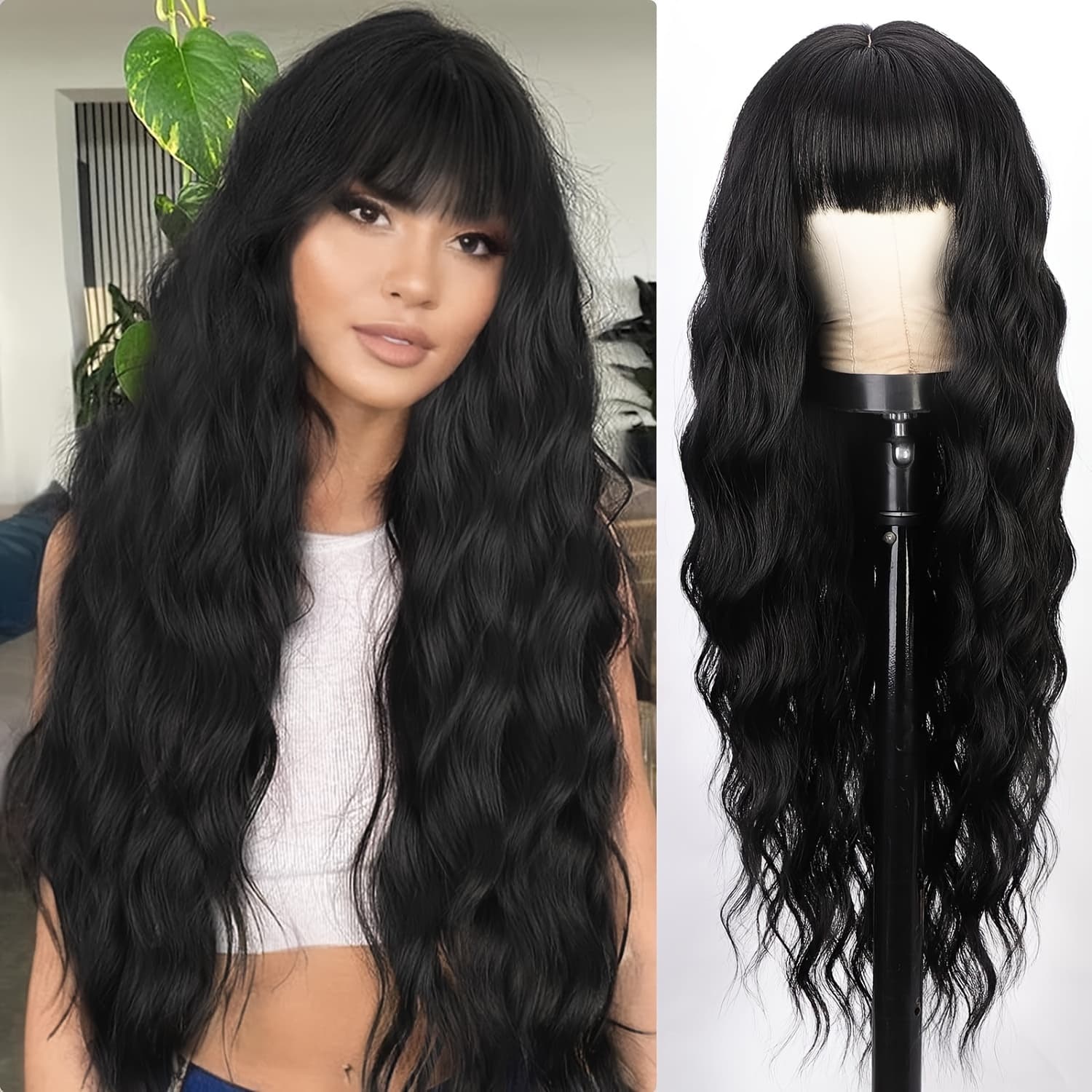 TEMU Daily Wear Wig| Elegant 28" Wave Wig With Bangs - Heat-resistant Synthetic Curly Fashion Wig For Women, Natural Look For Daily Use & Holiday Parties, Wig Accessories