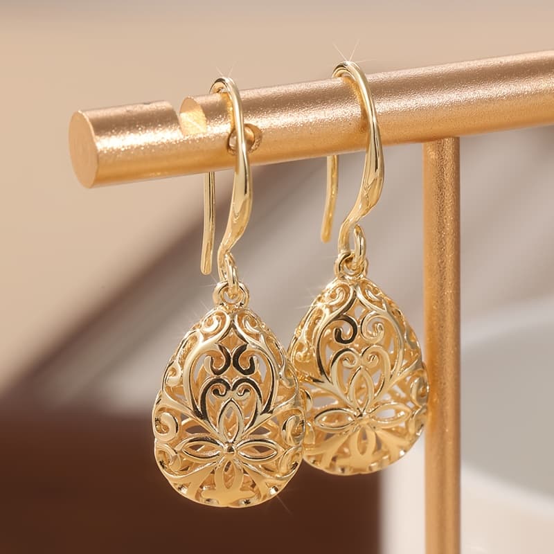 TEMU Golden Colour Teardrop Earrings Boho Wedding Jewelry Bridesmaid Gift Golden Colour Lace Modern Pear Floral Drop Eearrings Copper Women's Earrings