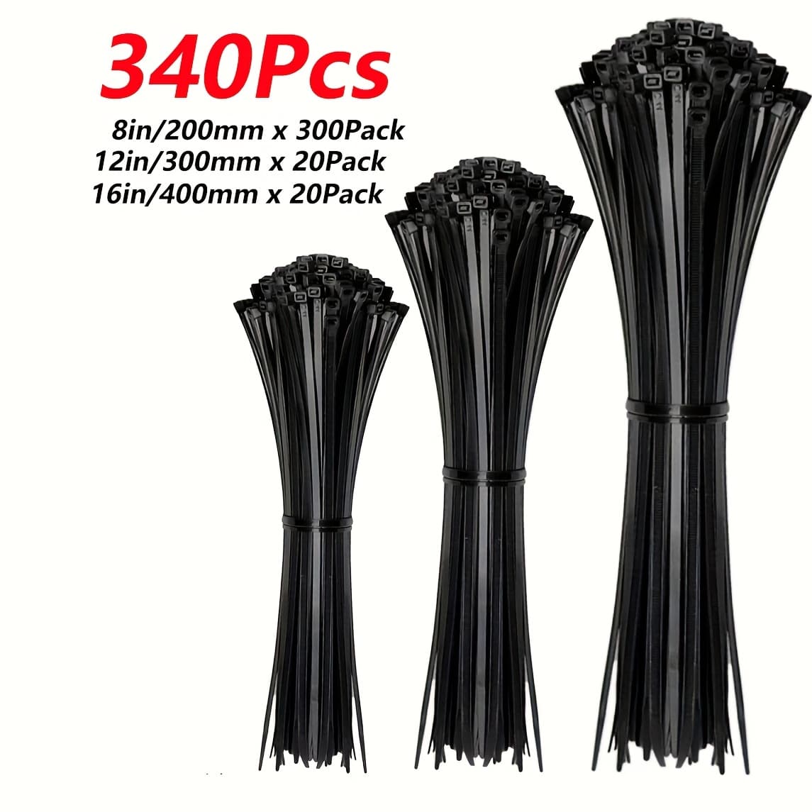 TEMU Zip Ties Assorted Size, 40-70 Lbs Tensile Strength Heavy Duty Cable Wire Ties With Self-locking Adjustable More Durable Nylon Tie Wraps For Indoor Outdoor (340 Pack)