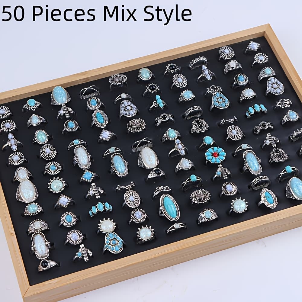 TEMU 50pcs Boho Chic Ring Set With Natural Stones - Vintage Floral & , Alloy, Perfect For Casual Attire & Parties