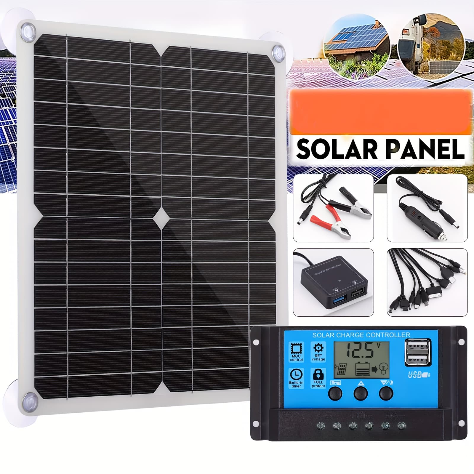 TEMU Solar Panel Kit With Solar Charge Controller And Extension Cable With Battery Clips For Boat Motorcycle Home Outdoor Lights Rv Outdoor Camera Solar Generators
