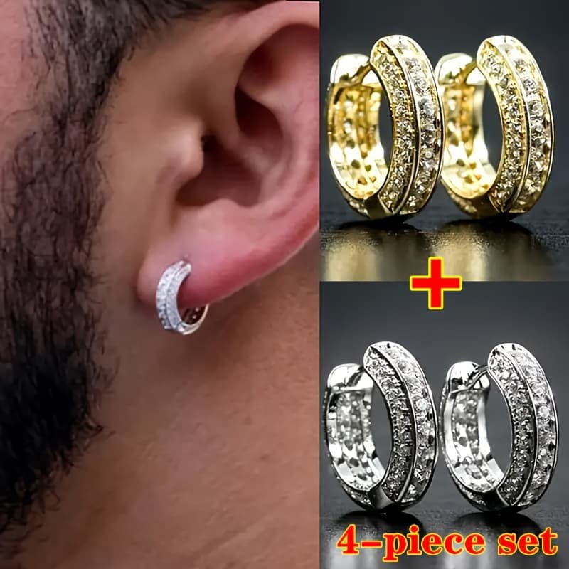 TEMU 4pcs Men's Cubic Synthetic Cubic Zirconiaia Earrings Suitable For Parties, Weddings, Prom - Sparkling Cz Jewelry, Shiny, Instant Centerpiece, Comfortable Wearable For & Daily Outfits