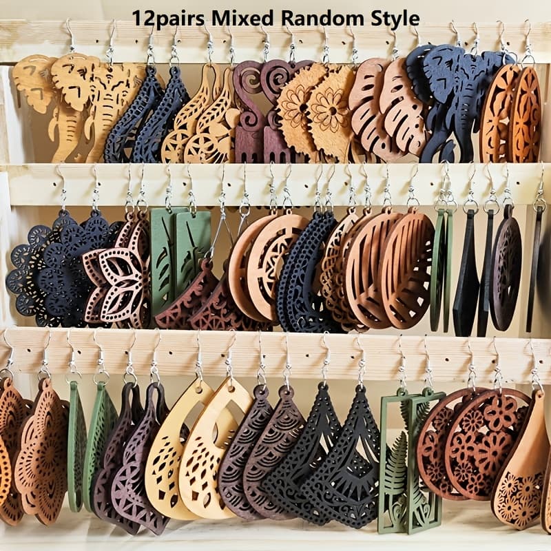 TEMU 12 Pairs/pack Random Mixed Vintage Bohemian Ethnic Style Wooden Earrings Handmade Flower Leaf Design Women's Earring Set Wholesale Suitable For Party Wear Accessories