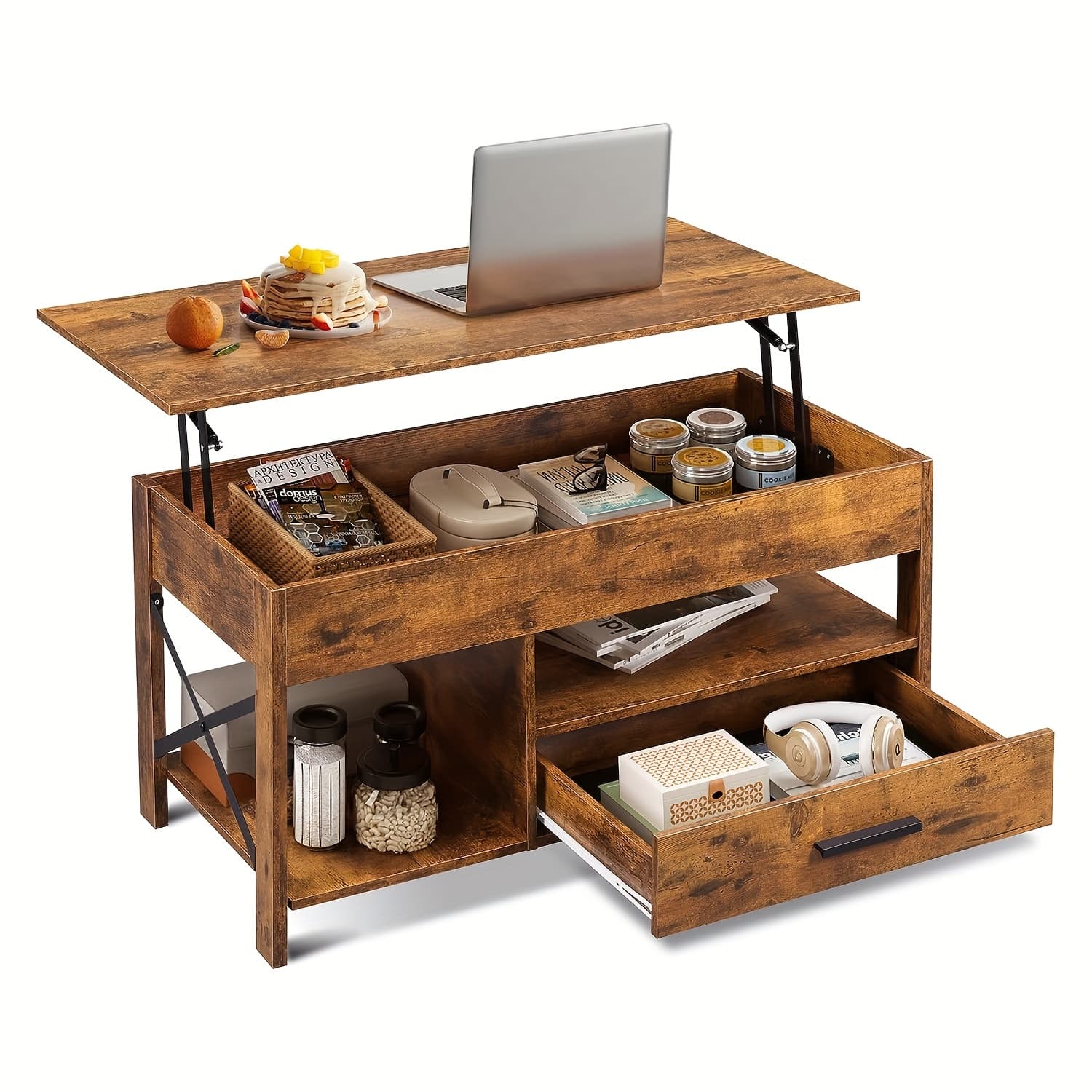 TEMU Lift Top Coffee Table, 39"coffee Table With Storage Drawers, Hidden Compartment And Metal Frame, For Living Room, Reception Room
