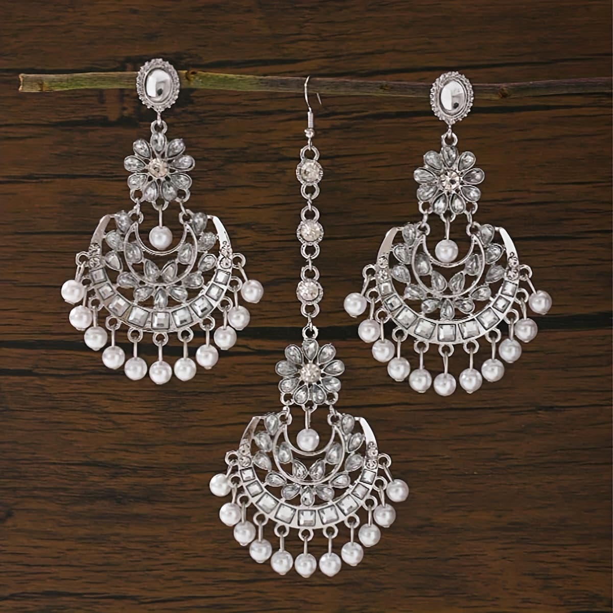 TEMU 3pcs Set Fashionable -encrusted Forehead Chain, Luxurious Style Pendant Earrings Jewelry Set, Suitable For Women' Wear, Banquets, And Weddings