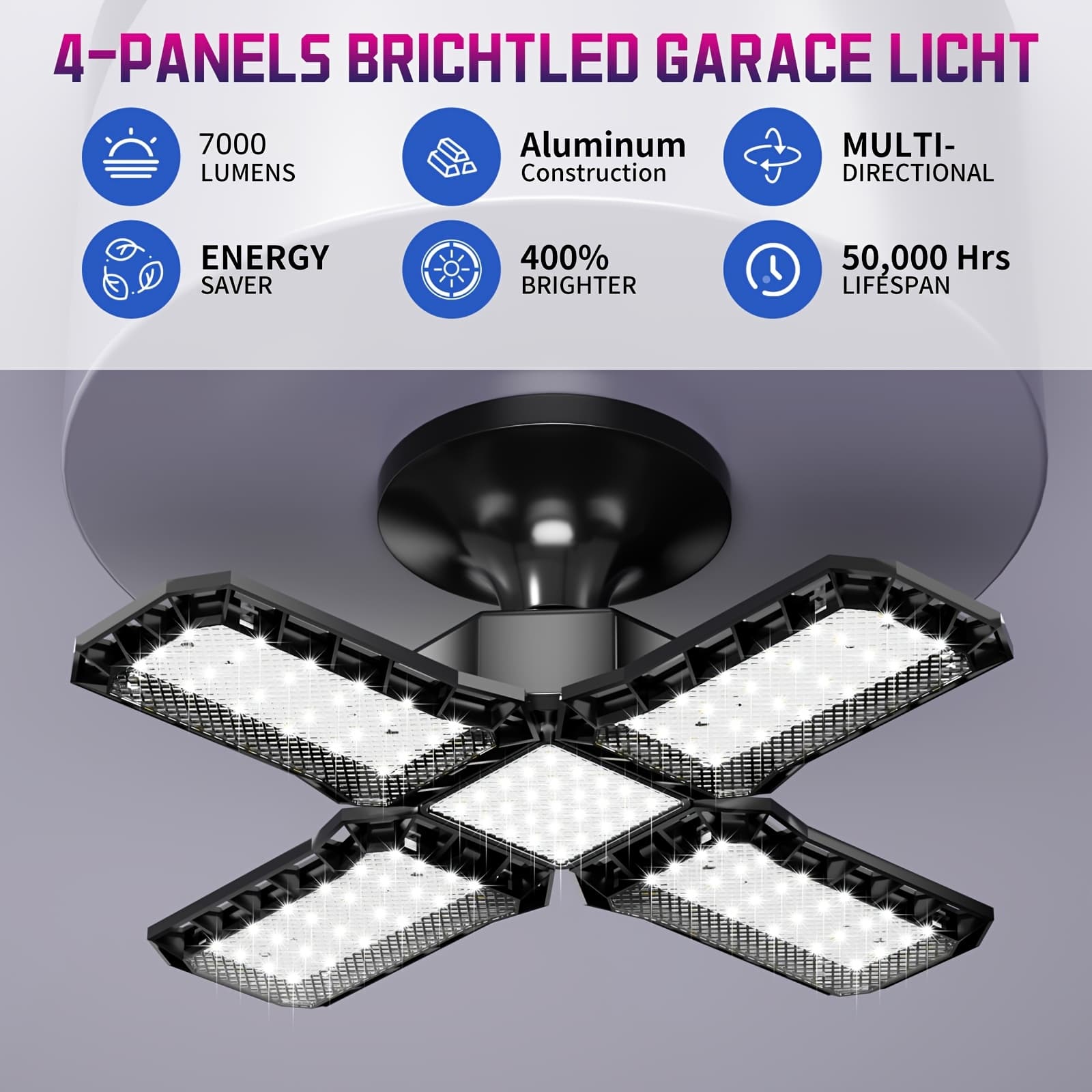 TEMU 7000lm 4-panel Led Garage Light, 360° Omnidirectional Lighting, Adjustable Panels, Heat Dissipation Vents, E26/e27 Base, Twist-to-install. Ideal For Garages, Basements, ,