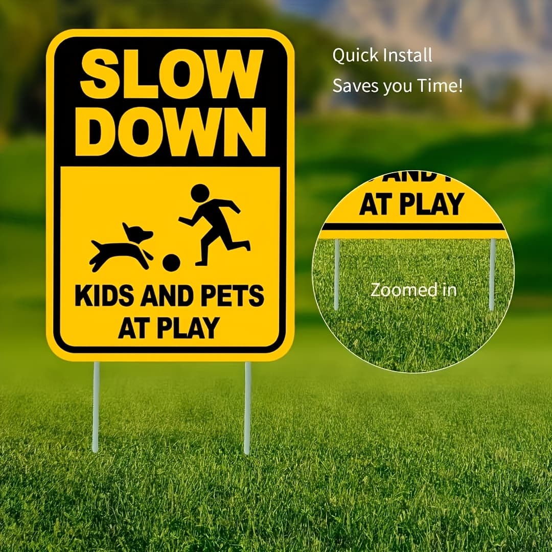 TEMU Slow Down Kids & Warning Sign - High-visibility Sign & Dog Silhouette, Rustproof Outdoor/ Safety Decoration, Pre-drilled Holes For School, Park, Home -