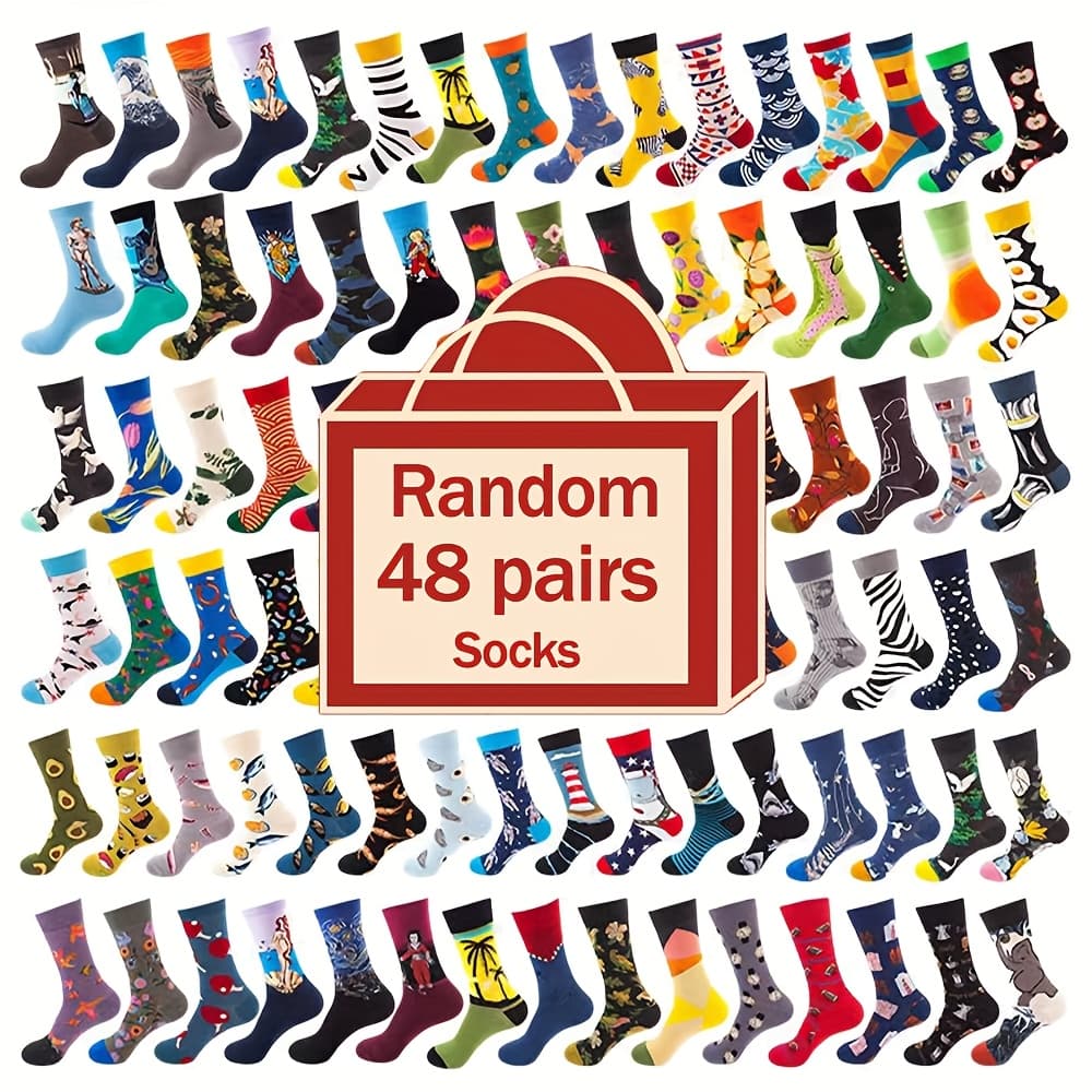 TEMU 48 Pairs Of Soft And Comfortable Colored Mid Tube Socks With Patterns, Random Colors, Fashionable And