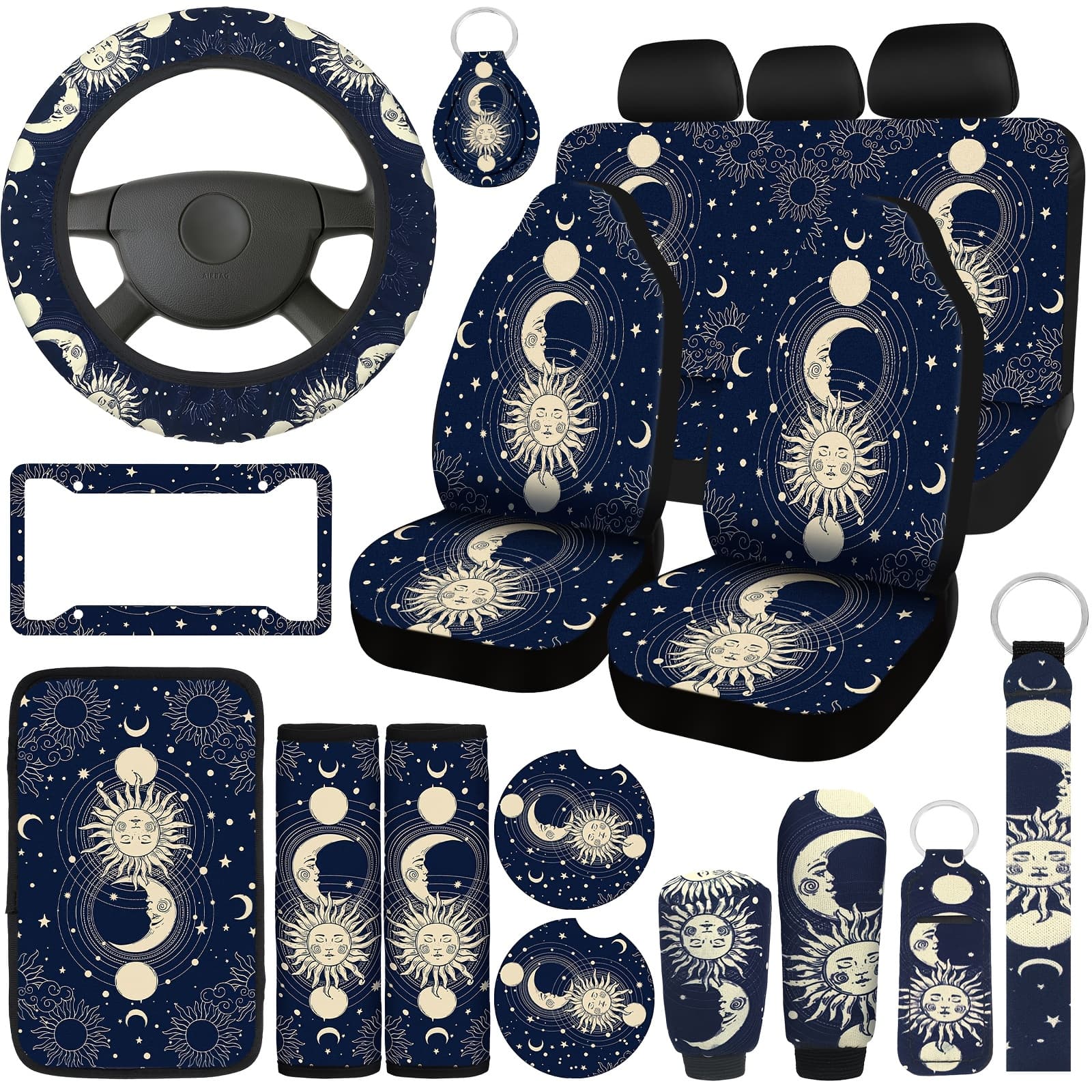 TEMU 19pcs Moon Stars Sun Car Seat Covers Full Set Car Additions Steering Wheel Cover Front Rear Seat Cover Headrest Armrest Cover Seat Belt Holder Keychains Wrist Strap For Cars Suv